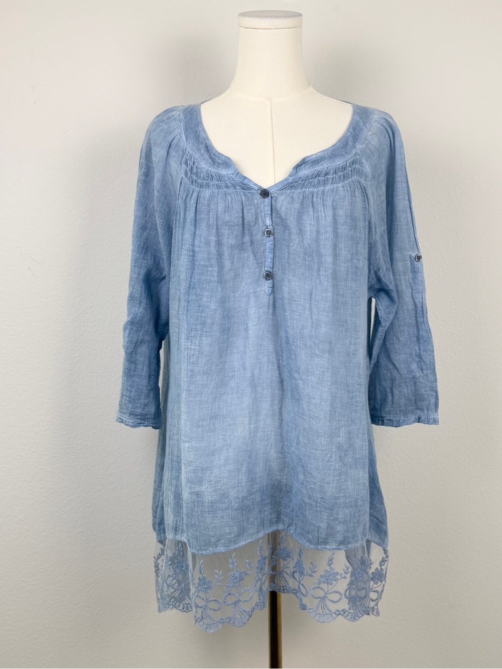 Light Blue Lace-Hem Peasant Blouse - Women Tops